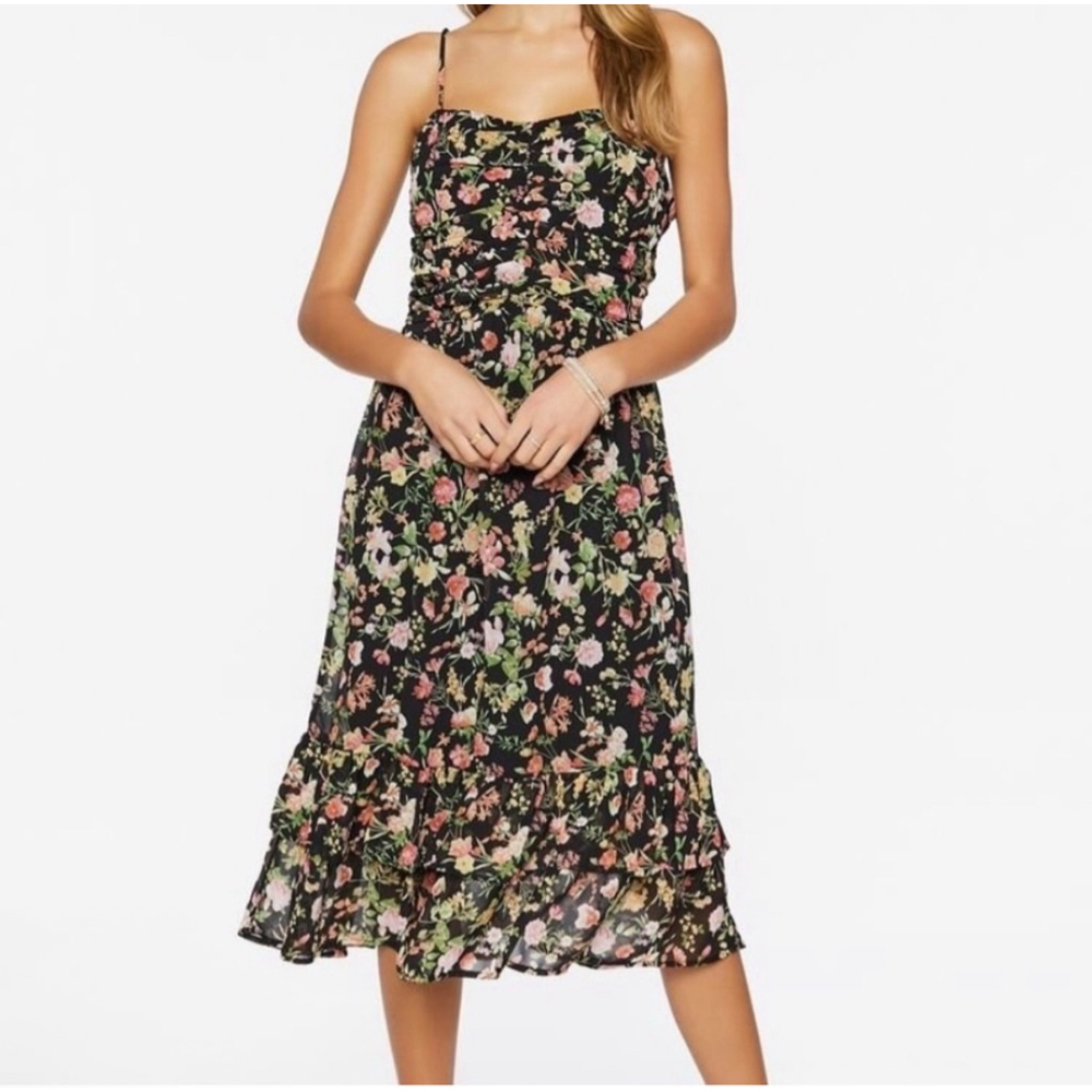 Forever 21 Black Pink Floral Ruched Midi Dress Size S